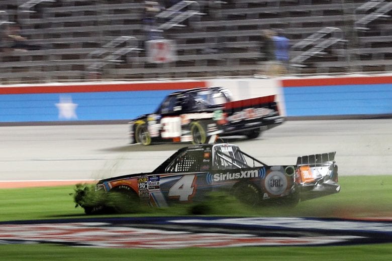 FORT WORTH, TX - MARCH 29: Todd Gilliland, driver of the #4 JBL/SiriusXM Toyota, spins during the NASCAR Gander Outdoors Truck Series Vankor 350 at Texas Motor Speedway on March 29, 2019 in Fort Worth, Texas. (Photo by Chris Graythen/Getty Images) | Getty Images