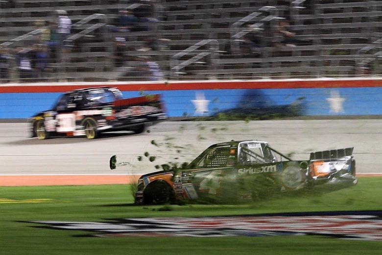 FORT WORTH, TX - MARCH 29: Todd Gilliland, driver of the #4 JBL/SiriusXM Toyota, spins during the NASCAR Gander Outdoors Truck Series Vankor 350 at Texas Motor Speedway on March 29, 2019 in Fort Worth, Texas. (Photo by Chris Graythen/Getty Images) | Getty Images