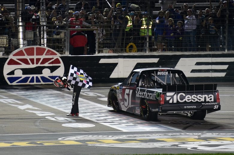 FORT WORTH, TX - MARCH 29: Kyle Busch, driver of the #51 Cessna Toyota, celebrates after winning the NASCAR Gander Outdoors Truck Series Vankor 350 at Texas Motor Speedway on March 29, 2019 in Fort Worth, Texas. (Photo by Jared C. Tilton/Getty Images) | Getty Images