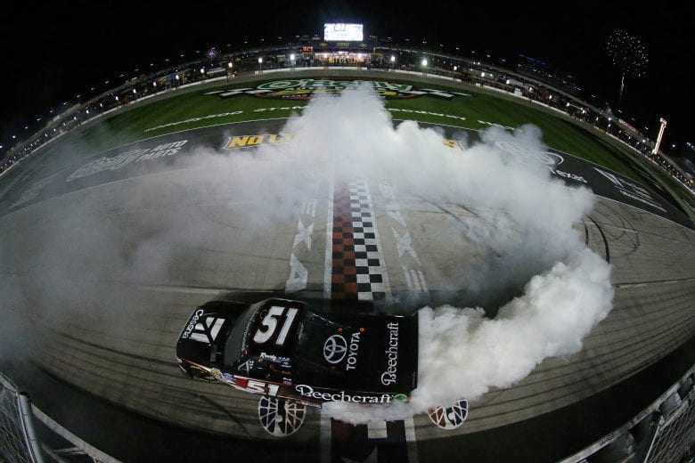 FORT WORTH, TX - MARCH 29: Kyle Busch, driver of the #51 Cessna Toyota, celebrates with a burnout after winning the NASCAR Gander Outdoors Truck Series Vankor 350 at Texas Motor Speedway on March 29, 2019 in Fort Worth, Texas. (Photo by Matt Sullivan/Getty Images) | Getty Images