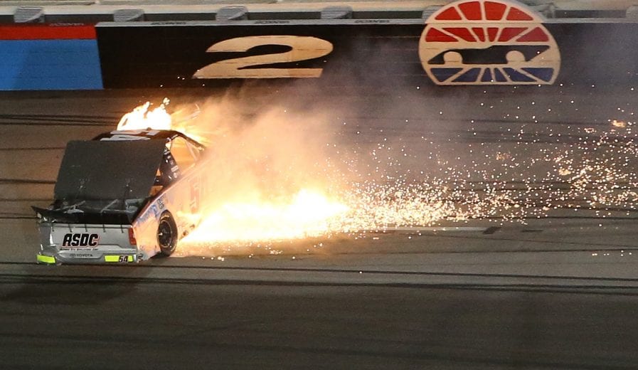 FORT WORTH, TX - MARCH 29: Anthony Alfredo, driver of the #54 Ceco Building Systems/Friends of Jaclyn Toyota, catches on fire during the NASCAR Gander Outdoors Truck Series Vankor 350 at Texas Motor Speedway on March 29, 2019 in Fort Worth, Texas. (Photo by Brian Lawdermilk/Getty Images) | Getty Images