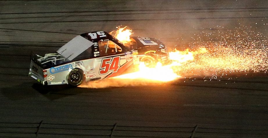FORT WORTH, TX - MARCH 29: Anthony Alfredo, driver of the #54 Ceco Building Systems/Friends of Jaclyn Toyota, catches on fire during the NASCAR Gander Outdoors Truck Series Vankor 350 at Texas Motor Speedway on March 29, 2019 in Fort Worth, Texas. (Photo by Brian Lawdermilk/Getty Images) | Getty Images