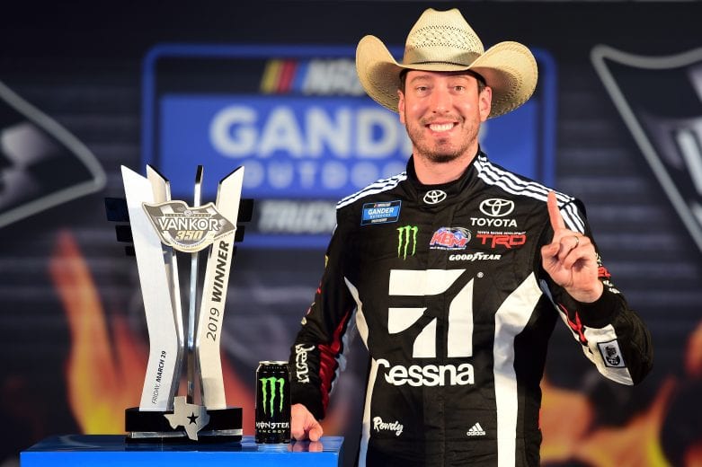 FORT WORTH, TX - MARCH 29: Kyle Busch, driver of the #51 Cessna Toyota, poses with the trophy after winning the NASCAR Gander Outdoors Truck Series Vankor 350 at Texas Motor Speedway on March 29, 2019 in Fort Worth, Texas. (Photo by Jared C. Tilton/Getty Images) | Getty Images