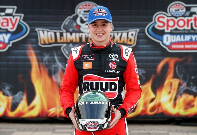 FORT WORTH, TX - MARCH 30: Christopher Bell, driver of the #20 Ruud Toyota, celebrates the pole award after qualifying for the NASCAR Xfinity Series My Bariatric Solutions 300 at Texas Motor Speedway on March 30, 2019 in Fort Worth, Texas. (Photo by Brian Lawdermilk/Getty Images) | Getty Images