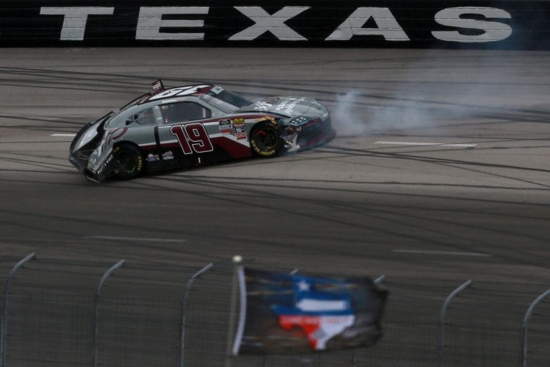 FORT WORTH, TX - MARCH 30: Brandon Jones, driver of the #19 jdgibbslegacy.com Toyota, his involved in an on-track incident during the NASCAR Xfinity Series My Bariatric Solutions 300 at Texas Motor Speedway on March 30, 2019 in Fort Worth, Texas. (Photo by Sean Gardner/Getty Images) | Getty Images