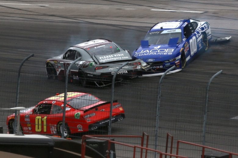 FORT WORTH, TX - MARCH 30: Brandon Jones, driver of the #19 jdgibbslegacy.com Toyota, and Cole Custer, driver of the #00 Jacob Companies Ford, are involved in an on-track incident during the NASCAR Xfinity Series My Bariatric Solutions 300 at Texas Motor Speedway on March 30, 2019 in Fort Worth, Texas. (Photo by Sean Gardner/Getty Images) | Getty Images