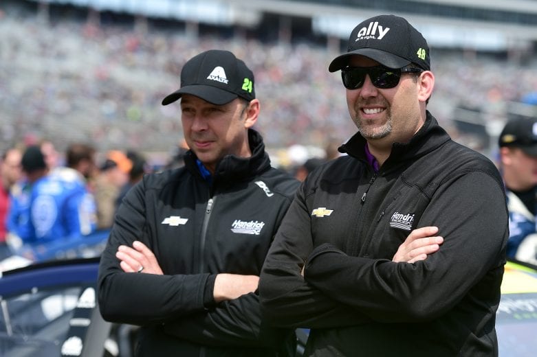 FORT WORTH, TX - MARCH 31: Kevin Meendering(R), crew chief of the #48 Ally Chevrolet, and Chad Knaus, crew chief of the #24 Axalta/Primeline Chevrolet, stand on pit road prior to the Monster Energy NASCAR Cup Series O'Reilly Auto Parts 500 at Texas Motor Speedway on March 31, 2019 in Fort Worth, Texas. (Photo by Jared C. Tilton/Getty Images) | Getty Images