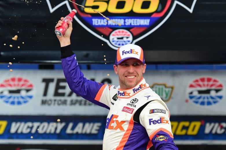 FORT WORTH, TX - MARCH 31: Denny Hamlin, driver of the #11 FedEx Office Toyota, celebrates in victory lane after winning the Monster Energy NASCAR Cup Series O'Reilly Auto Parts 500 at Texas Motor Speedway on March 31, 2019 in Fort Worth, Texas. (Photo by Jared C. Tilton/Getty Images) | Getty Images