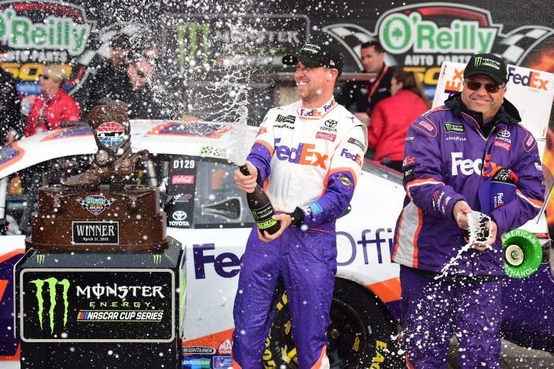 FORT WORTH, TX - MARCH 31: Denny Hamlin, driver of the #11 FedEx Office Toyota, celebrates in Victory Lane after winning the Monster Energy NASCAR Cup Series O'Reilly Auto Parts 500 at Texas Motor Speedway on March 31, 2019 in Fort Worth, Texas. (Photo by Jared C. Tilton/Getty Images) | Getty Images