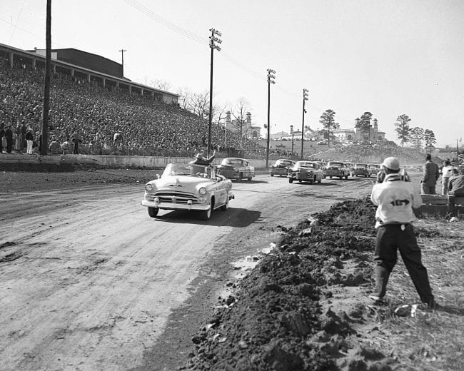 ATLANTA, GA - MARCH 21, 1954:  The pace lap for the NASCAR Cup race at Lakewood Speedway has a pair of Hudsons starting from the front row. Pole sitter Herb Thomas went on to win the race. (Photo by ISC Images & Archives via Getty Images)