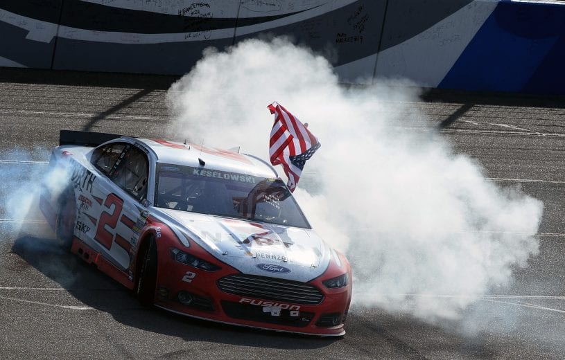 FONTANA, CA - MARCH 22:  Brad Keselowski, driver of the #2 Wurth Ford, celebrates after winning the NASCAR Sprint Cup Series Auto Club 400 at Auto Club Speedway on March 22, 2015 in Fontana, California.  (Photo by Robert Laberge/Getty Images) | Getty Images