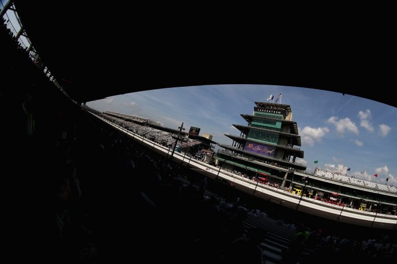 A general view of race action and the famous pagoda at Indianapolis Motor Speedway.