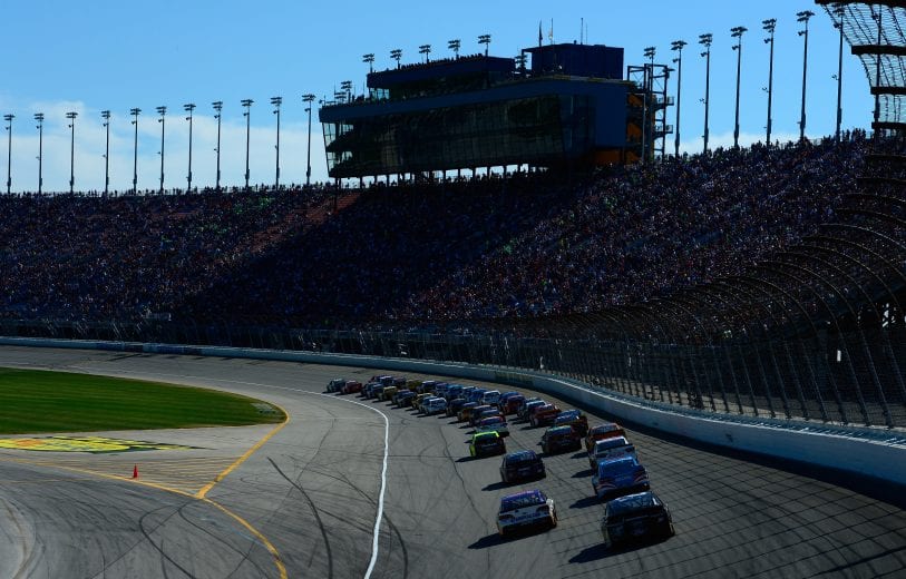 A general view of the frontstretch area at Chicagoland Speedway.