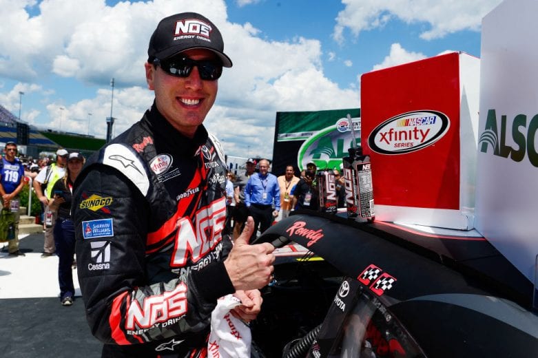 SPARTA, KENTUCKY - JULY 08: Kyle Busch, driver of the #18 NOS Energy Drink Rowdy Toyota, celebrates in Victory Lane with the winner's decal after winning the NASCAR XFINITY Series Alsco 300 at Kentucky Speedway on July 8, 2017 in Sparta, Kentucky. (Photo by Robert Laberge/Getty Images) | Getty Images