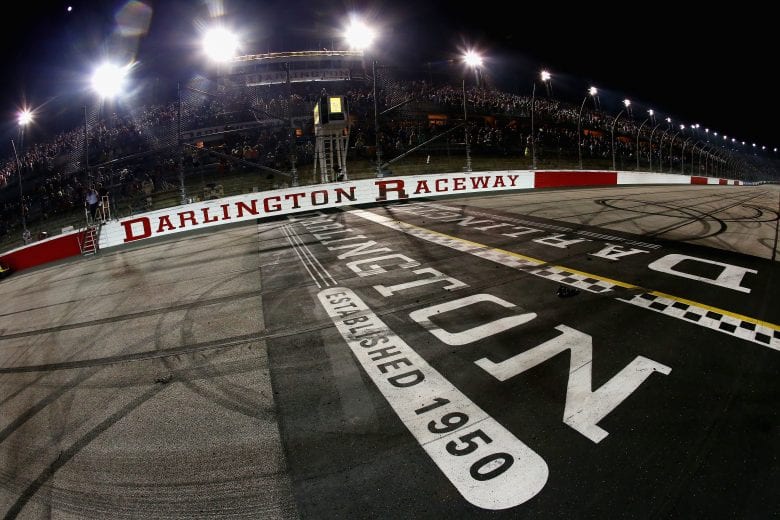 A general view of the start/finish line after the running of the Bojangles' Southern 500 at Darlington Raceway.