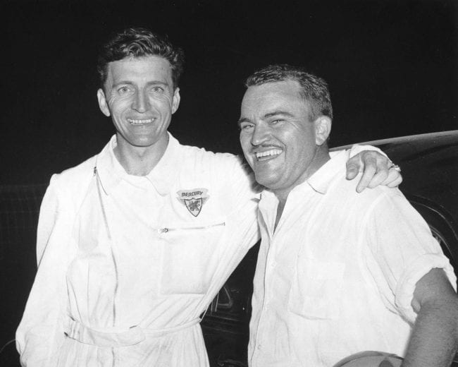 1956: Tim Flock (L) and brother Fonty. Many drivers chauffeured the Kiekhaefer-owned Chrysler products, and at Daytona Beach in 1956, these two brothers had team cars. Tim won and Fonty was 10th. (Photo by ISC Archives via Getty Images)