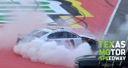 Hamlin celebrates with a burnout as big as Texas