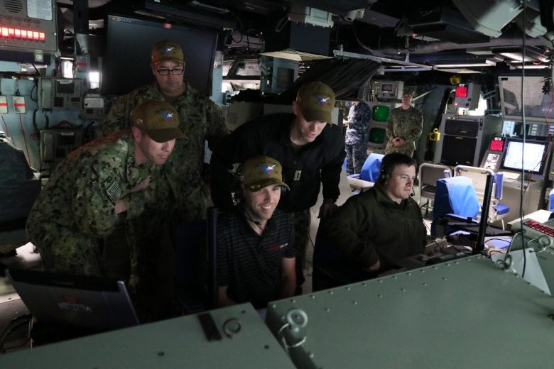 Denny Hamlin goes through training on the USS San Jacinto at Naval Station Norfolk in Virginia.