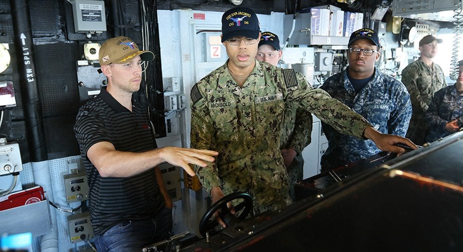 Denny Hamlin goes through training on the USS San Jacinto at Naval Station Norfolk in Virginia.