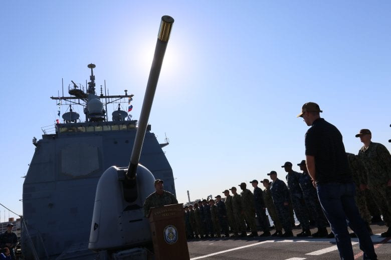 Denny Hamlin goes through training on the USS San Jacinto at Naval Station Norfolk in Virginia.