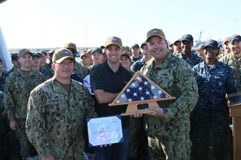 049a5803Denny Hamlin goes through training on the USS San Jacinto at Naval Station Norfolk in Virginia.