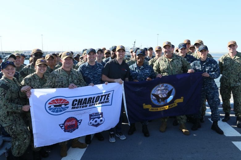 Denny Hamlin goes through training on the USS San Jacinto at Naval Station Norfolk in Virginia.