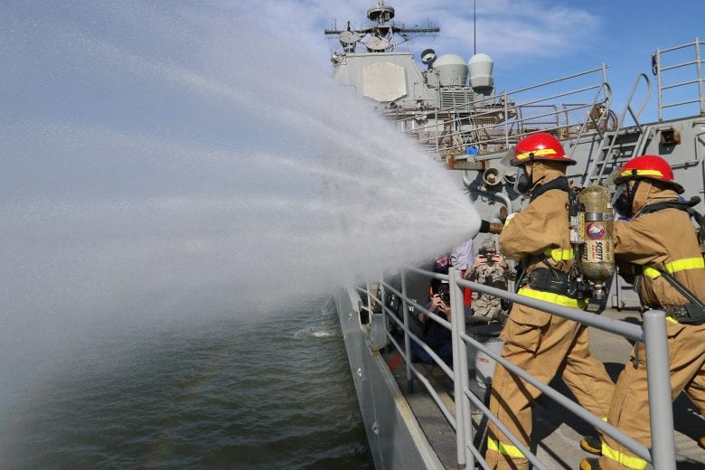 Denny Hamlin goes through training on the USS San Jacinto at Naval Station Norfolk in Virginia.