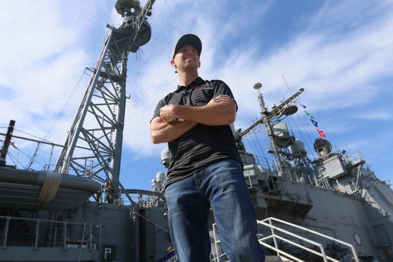 Denny Hamlin goes through training on the USS San Jacinto at Naval Station Norfolk in Virginia.