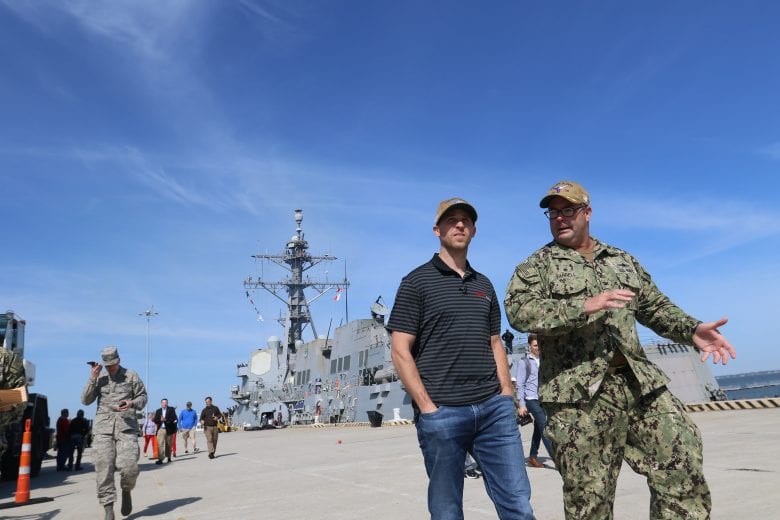 Denny Hamlin goes through training on the USS San Jacinto at Naval Station Norfolk in Virginia.
