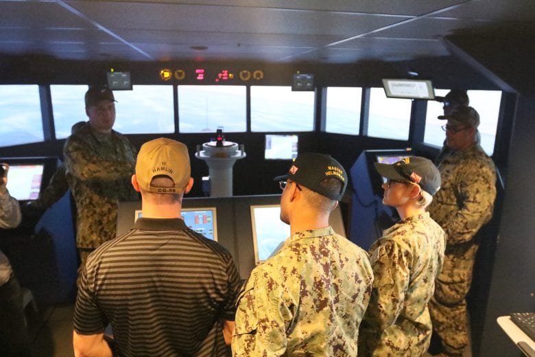 Denny Hamlin goes through training on the USS San Jacinto at Naval Station Norfolk in Virginia.