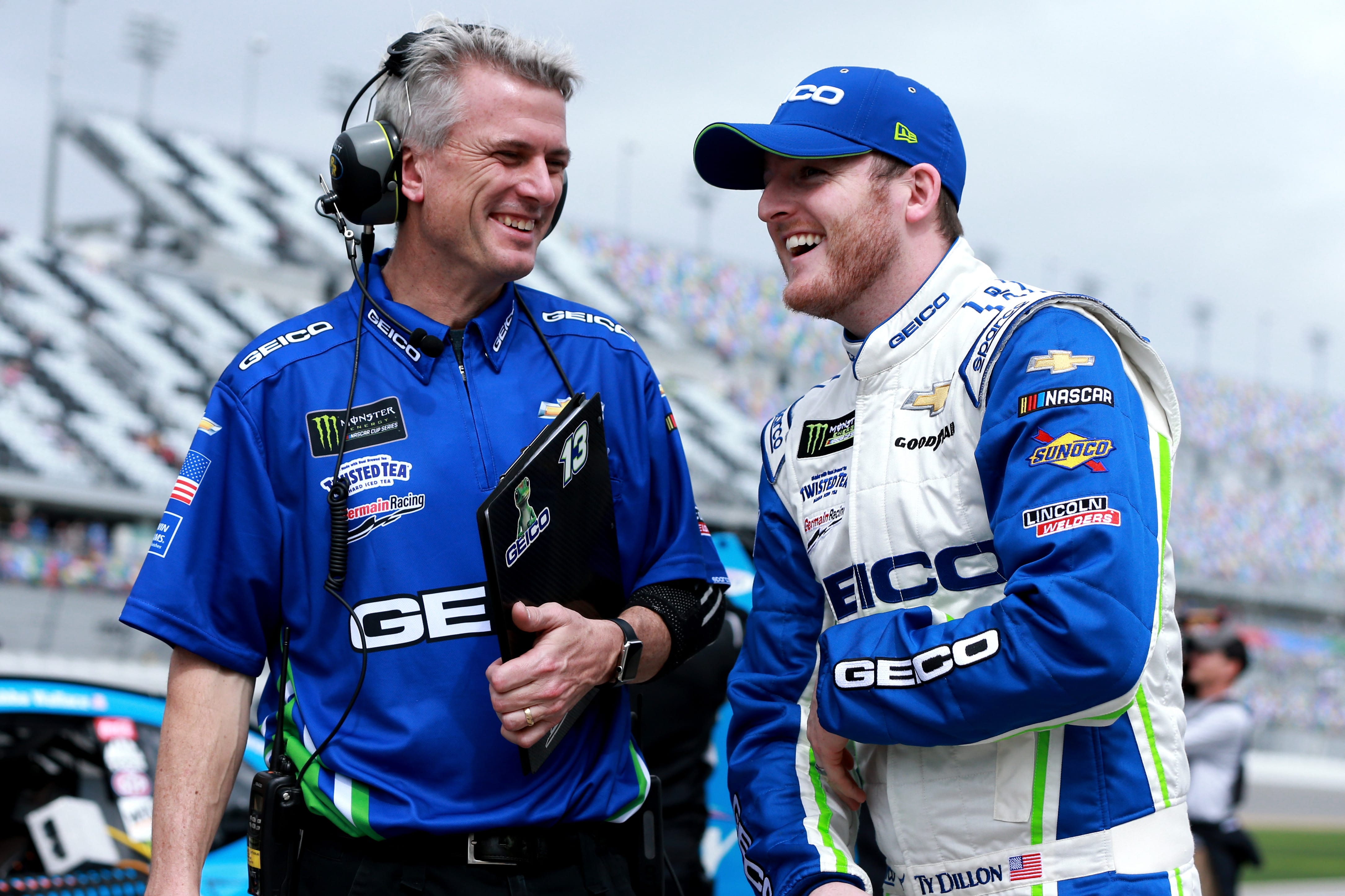 DAYTONA BEACH, FL - FEBRUARY 10:  Ty Dillon, driver of the #13 GEICO Chevrolet, talks with crew chief Matt Borland during qualifying for the Monster Energy NASCAR Cup Series 61st Annual Daytona 500 at Daytona International Speedway on February 10, 2019 in Daytona Beach, Florida.  (Photo by Sean Gardner/Getty Images) | Getty Images