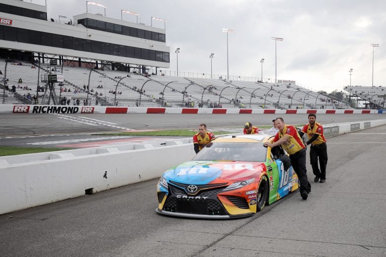 RICHMOND, VA - APRIL 13: Kyle Busch, driver of the #18 M&M's Toyota, has his car pushed down pit road during the Monster Energy NASCAR Cup Series Toyota Owners 400 at Richmond Raceway on April 13, 2019 in Richmond, Virginia. (Photo by Donald Page/Getty Images) | Getty Images