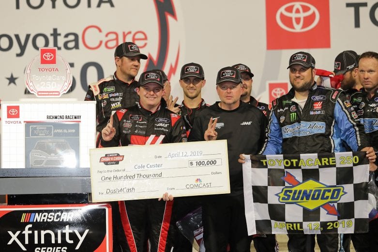 RICHMOND, VA - APRIL 12: Cole Custer, driver of the #00 Haas Automation Ford, poses with the trophy after winning the NASCAR Xfinity Series ToyotaCare 250 at Richmond Raceway on April 12, 2019 in Richmond, Virginia. (Photo by Donald Page/Getty Images) | Getty Images