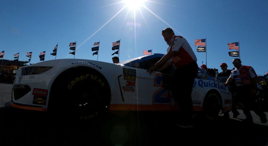 Paul Menard's No. 21 Ford gets pushed through garage at Talladega