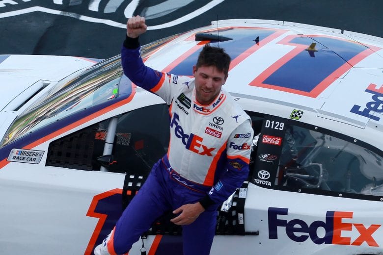 FORT WORTH, TX - MARCH 31: Denny Hamlin, driver of the #11 FedEx Office Toyota, celebrates winning the Monster Energy NASCAR Cup Series O'Reilly Auto Parts 500 at Texas Motor Speedway on March 31, 2019 in Fort Worth, Texas. (Photo by Matt Sullivan/Getty Images) | Getty Images