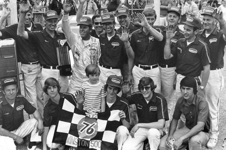 TALLADEGA, AL - MAY 7, 1972: Driver David Pearson and the Wood Brothers team celebrate their win in the Winston 500 NASCAR Cup race at Talladega Superspeedway. (Photo by ISC Images & Archives via Getty Images)