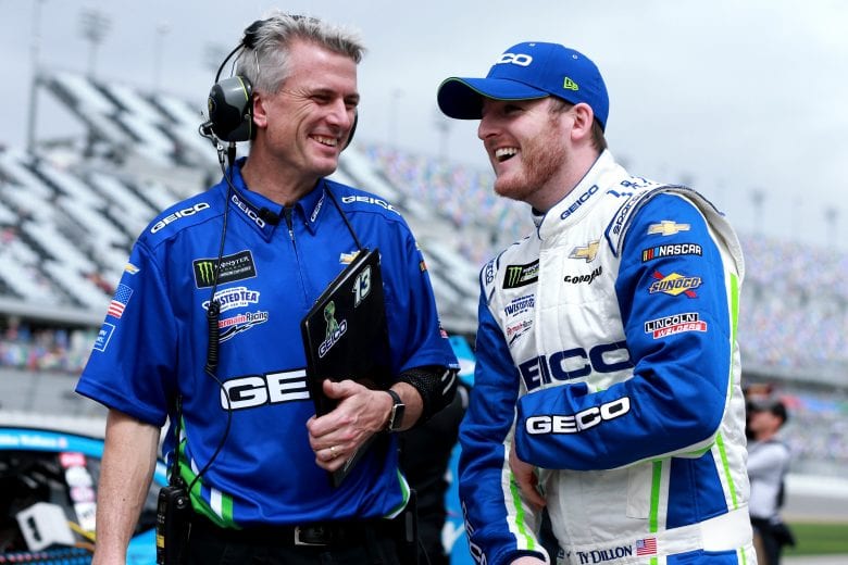 DAYTONA BEACH, FL - FEBRUARY 10:  Ty Dillon, driver of the #13 GEICO Chevrolet, talks with crew chief Matt Borland during qualifying for the Monster Energy NASCAR Cup Series 61st Annual Daytona 500 at Daytona International Speedway on February 10, 2019 in Daytona Beach, Florida.  (Photo by Sean Gardner/Getty Images) | Getty Images