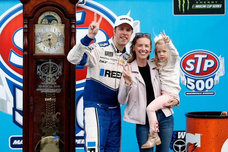 MARTINSVILLE, VA - MARCH 24:  Brad Keselowski, driver of the #2 Reese/Draw Tite Ford, celebrates with his wife Paige and their daughter Scarlett in Victory Lane after winning the Monster Energy NASCAR Cup Series STP 500 at Martinsville Speedway on March 24, 2019 in Martinsville, Virginia.  (Photo by Brian Lawdermilk/Getty Images) | Getty Images