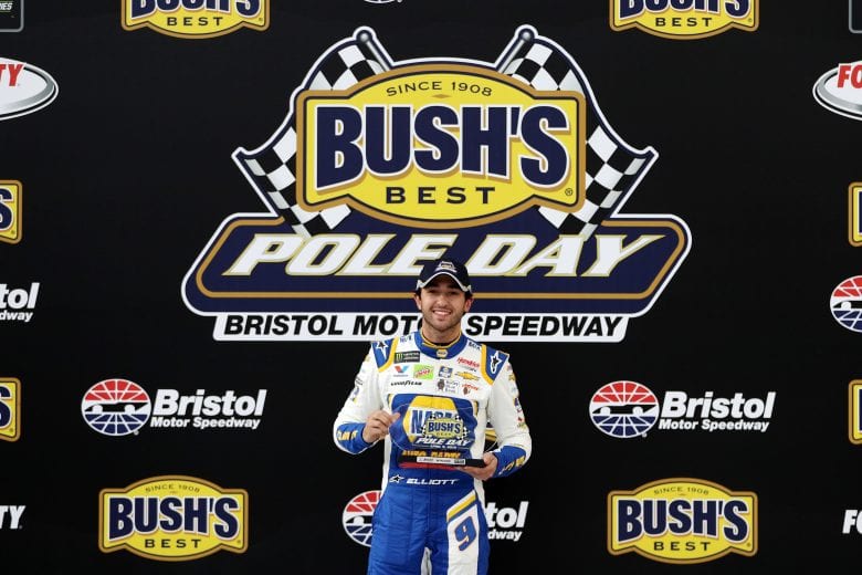 BRISTOL, TN - APRIL 05: Chase Elliott, driver of the #9 NAPA Auto Parts Chevrolet, poses with the Pole Award after posting the fastest lap during qualifying for the Monster Energy NASCAR Cup Series Food City 500 at Bristol Motor Speedway on April 5, 2019 in Bristol, Tennessee. (Photo by Chris Graythen/Getty Images) | Getty Images