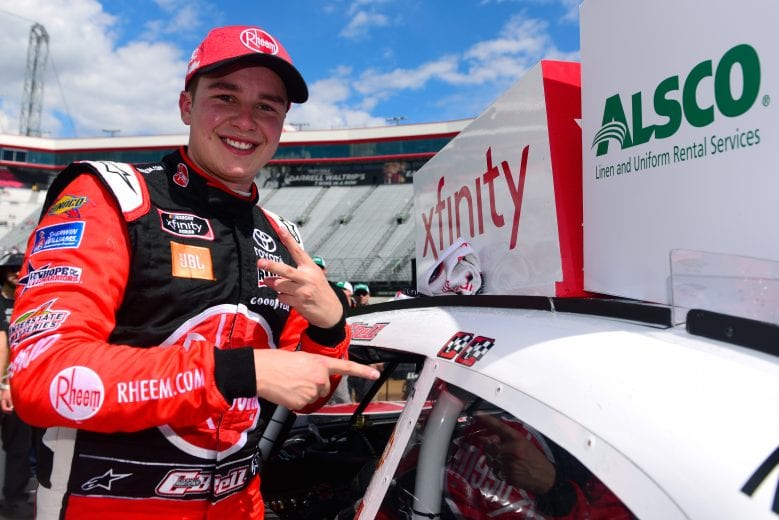 BRISTOL, TN - APRIL 06: Christopher Bell, driver of the #20 Rheem Toyota, celebrates in victory lane by placing the Winner's sticker on his car after winning the NASCAR Xfinity Series Alsco 300 at Bristol Motor Speedway on April 6, 2019 in Bristol, Tennessee. (Photo by Jared C. Tilton/Getty Images) | Getty Images