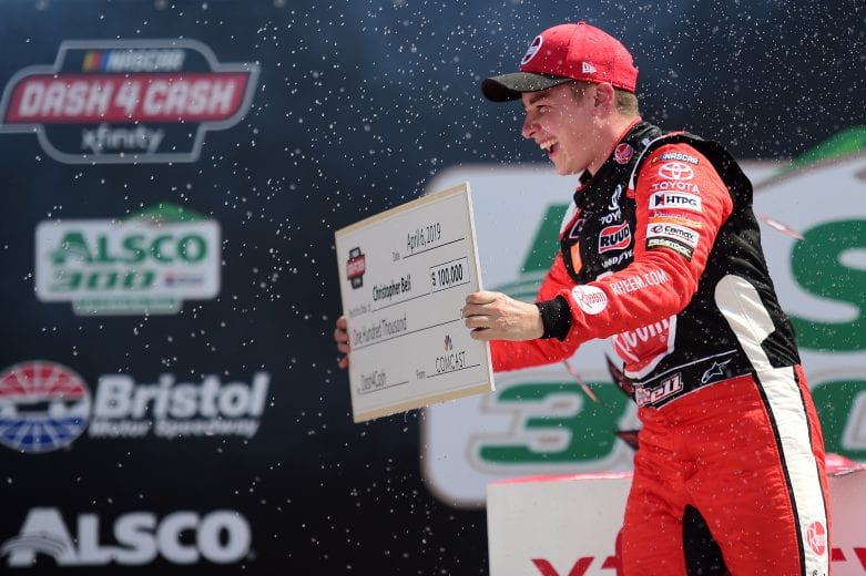 BRISTOL, TN - APRIL 06: Christopher Bell, driver of the #20 Rheem Toyota, celebrates in Victory Lane with the Xfinity Dash 4 Cash check after winning the NASCAR Xfinity Series Alsco 300 at Bristol Motor Speedway on April 6, 2019 in Bristol, Tennessee. (Photo by Jared C. Tilton/Getty Images) | Getty Images
