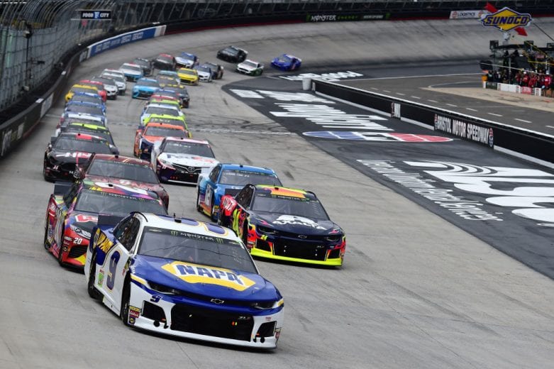 BRISTOL, TN - APRIL 07: Chase Elliott, driver of the #9 NAPA Auto Parts Chevrolet, leads the field into turn one after the start of the Monster Energy NASCAR Cup Series Food City 500 at Bristol Motor Speedway on April 7, 2019 in Bristol, Tennessee. (Photo by Jared C. Tilton/Getty Images) | Getty Images