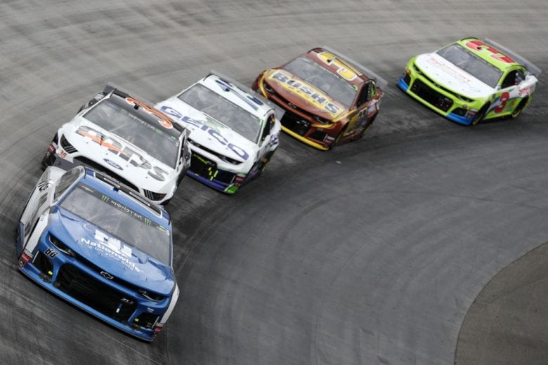 BRISTOL, TN - APRIL 07: Alex Bowman, driver of the #88 Nationwide Chevrolet, leads a pack of cars during the Monster Energy NASCAR Cup Series Food City 500 at Bristol Motor Speedway on April 7, 2019 in Bristol, Tennessee. (Photo by Chris Graythen/Getty Images) | Getty Images