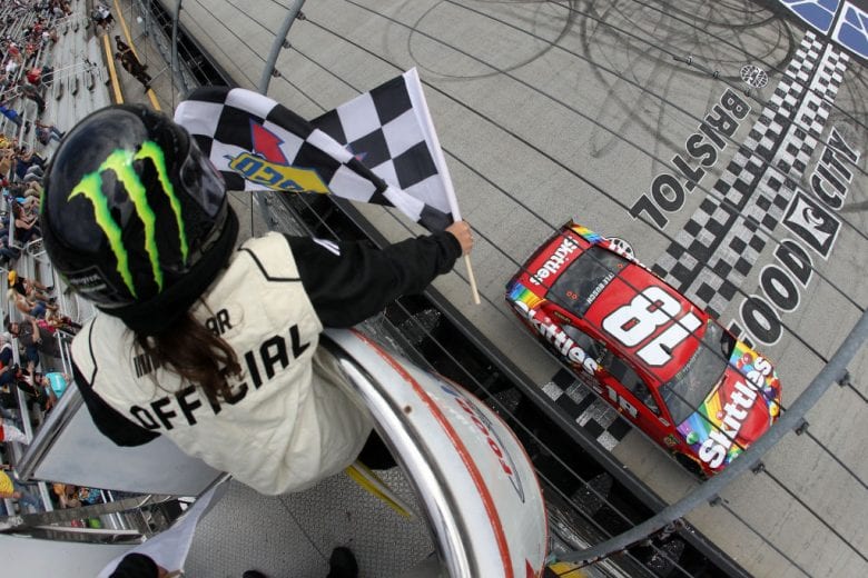 BRISTOL, TN - APRIL 07: Kyle Busch, driver of the #18 Skittles Toyota, crosses the finish line to win the Monster Energy NASCAR Cup Series Food City 500 at Bristol Motor Speedway on April 7, 2019 in Bristol, Tennessee. (Photo by Chris Graythen/Getty Images) | Getty Images