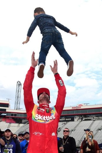 BRISTOL, TN - APRIL 07: Kyle Busch, driver of the #18 Skittles Toyota, celebrates with his son Brexton in Victory Lane after winning the Monster Energy NASCAR Cup Series Food City 500 at Bristol Motor Speedway on April 7, 2019 in Bristol, Tennessee. (Photo by Jared C. Tilton/Getty Images) | Getty Images