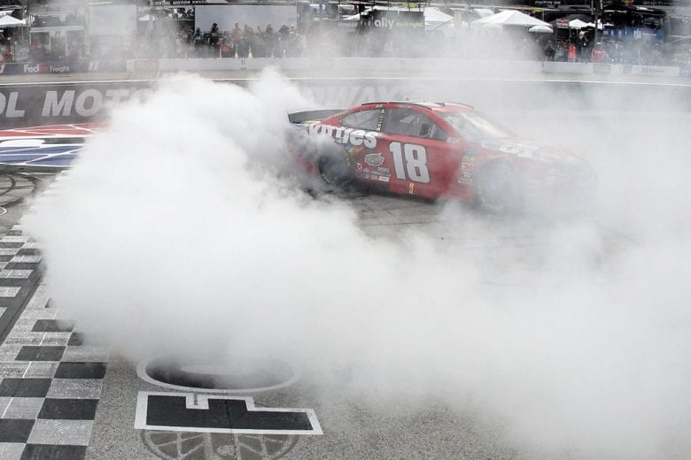 BRISTOL, TN - APRIL 07: Kyle Busch, driver of the #18 Skittles Toyota, celebrates winning the Monster Energy NASCAR Cup Series Food City 500 at Bristol Motor Speedway on April 7, 2019 in Bristol, Tennessee. (Photo by Chris Graythen/Getty Images) | Getty Images