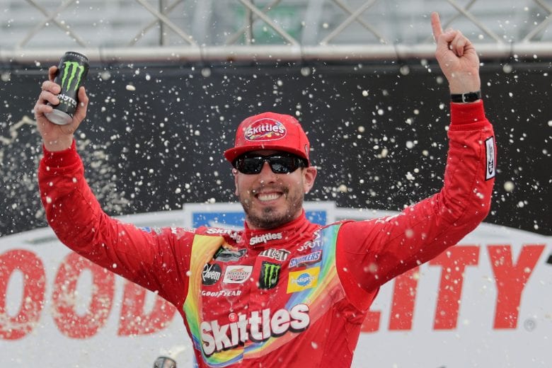 BRISTOL, TN - APRIL 07:  Kyle Busch, driver of the #18 Skittles Toyota, celebrates in Victory Lane after winning the Monster Energy NASCAR Cup Series Food City 500 at Bristol Motor Speedway on April 7, 2019 in Bristol, Tennessee.  (Photo by Donald Page/Getty Images) | Getty Images