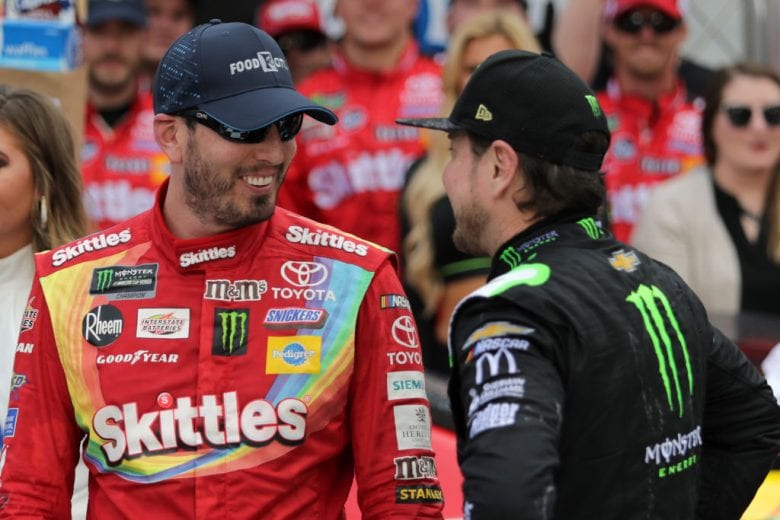 BRISTOL, TN - APRIL 07: Kurt Busch, driver of the #1 Monster Energy Chevrolet, congratulates Kyle Busch, driver of the #18 Skittles Toyota, in Victory Lane after winning the Monster Energy NASCAR Cup Series Food City 500 at Bristol Motor Speedway on April 7, 2019 in Bristol, Tennessee. (Photo by Donald Page/Getty Images) | Getty Images