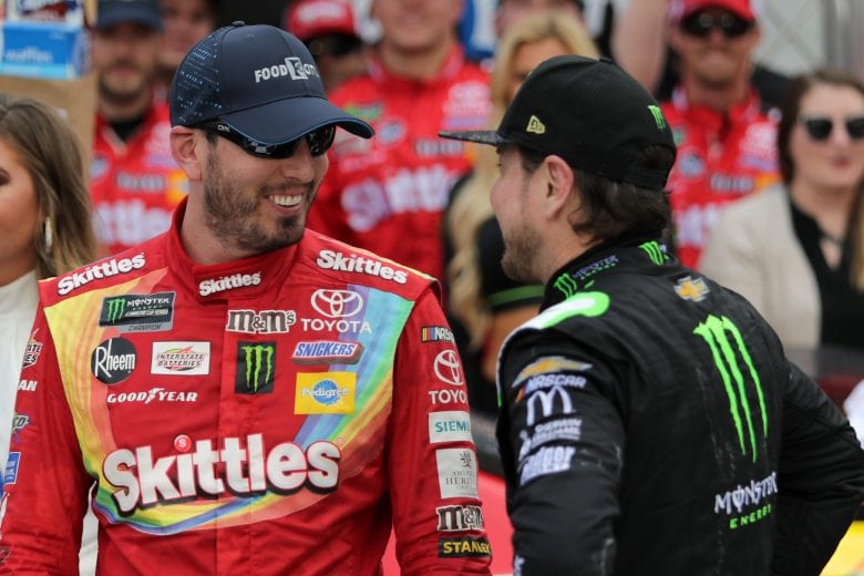 BRISTOL, TN - APRIL 07:  Kurt Busch, driver of the #1 Monster Energy Chevrolet, congratulates Kyle Busch, driver of the #18 Skittles Toyota, in Victory Lane after winning the Monster Energy NASCAR Cup Series Food City 500 at Bristol Motor Speedway on April 7, 2019 in Bristol, Tennessee.  (Photo by Donald Page/Getty Images) | Getty Images