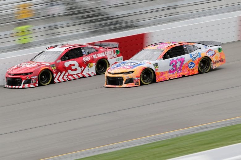 RICHMOND, VA - APRIL 12: Austin Dillon, driver of the #3 AAA Chevrolet, and Chris Buescher, driver of the #37 Scott Comfort Plus Chevrolet, racing during practice for the Monster Energy NASCAR Cup Series Toyota Owners 400 at Richmond Raceway on April 12, 2019 in Richmond, Virginia. (Photo by Donald Page/Getty Images) | Getty Images